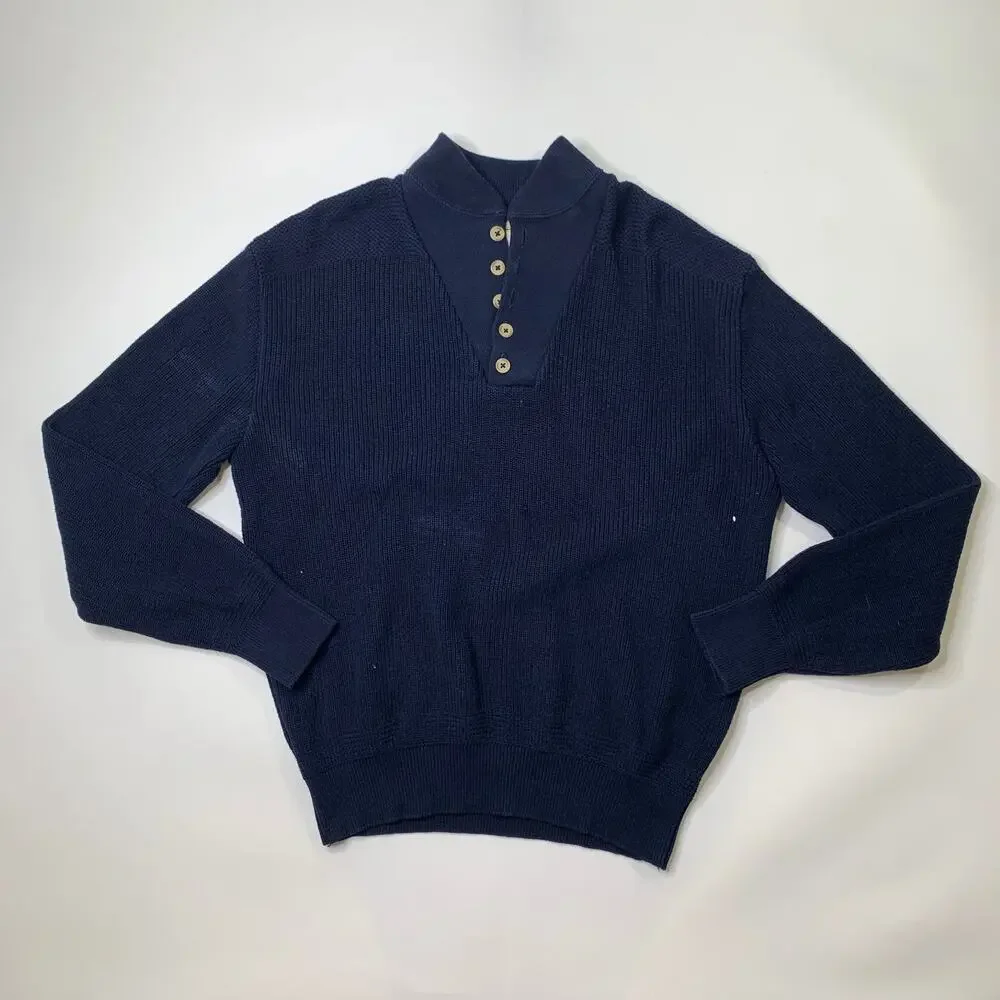 Vintage LL Bean Sweater Mens L Large Navy Cotton Knit Fisherman Henley Made USA